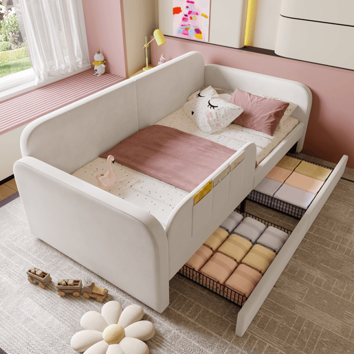 Sofá cama individual de veludo 90x200cm com 2 gavetas,branco