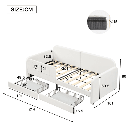 Sofá cama individual de veludo 90x200cm com 2 gavetas,branco