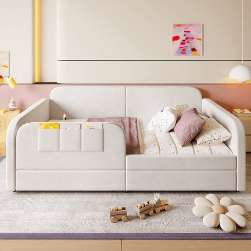 Sofá cama individual de veludo 90x200cm com 2 gavetas,branco