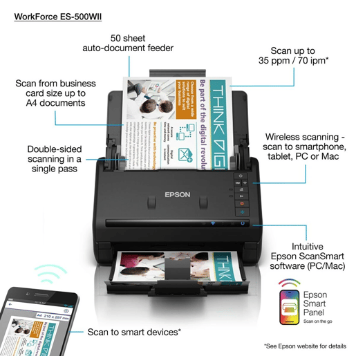 Scanner Wi-fi Dupla Face Epson B11B263401 35 ppm