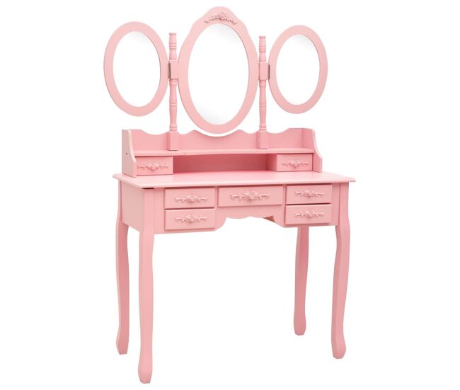 Tocador - tocador de maquillaje - mesa de tocador con taburete y espejo triple plegable rosa