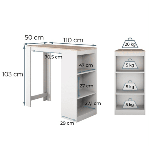 Mesa alta Cozinha Sala de jantar BrancoSonoma 110x50x103 Kyra Muebles Bonitos