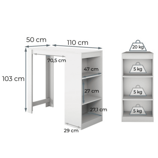 Mesa alta Cozinha Sala de jantar Branco 110x50x103 Kyra Muebles Bonitos
