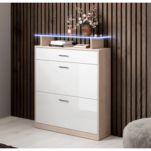 Sapateira de entrada Hall de entrada BrancoSonoma 89x24x105 2 portas 1 gaveta LED Paola Muebles Bonitos