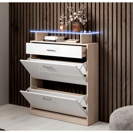 Sapateira de entrada Hall de entrada BrancoSonoma 89x24x105 2 portas 1 gaveta LED Paola Muebles Bonitos