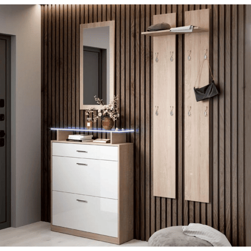 Sapateira de entrada Hall de entrada BrancoSonoma 89x24x105 2 portas 1 gaveta LED Paola Muebles Bonitos