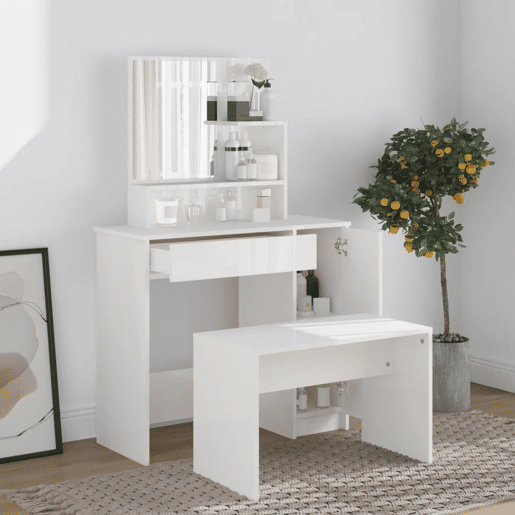 Conjunto Penteadeira - Toucador 86,5x35x136 cm branco brilhante