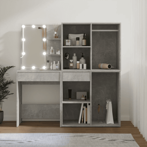 Penteadeira - Toucador 2 armáriosluzes LED derivado madeira cinzento cimento