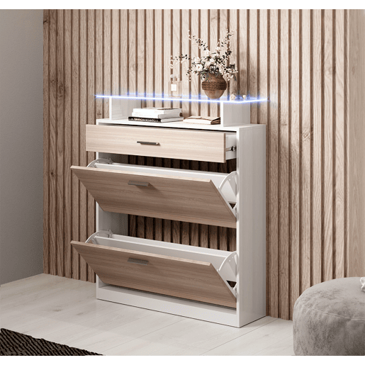 Sapateira de entrada Hall de entrada BrancoSonoma 89x24x105 2 portas 1 gaveta LED Paola Muebles Bonitos