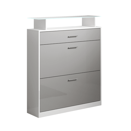 Sapateira de entrada Hall de entrada BrancoCinzento 89x24x105 2 portas 1 gaveta LED Paola Muebles Bonitos