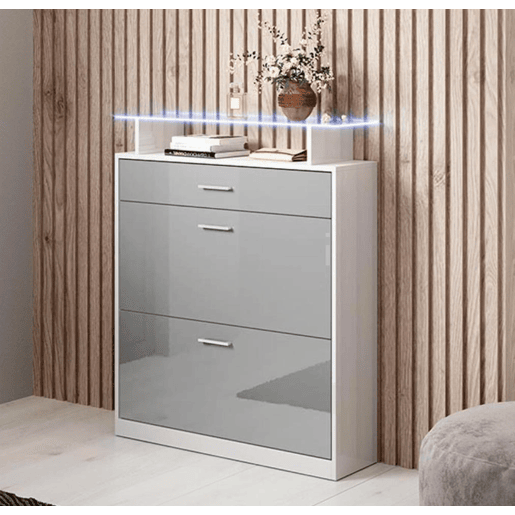 Sapateira de entrada Hall de entrada BrancoCinzento 89x24x105 2 portas 1 gaveta LED Paola Muebles Bonitos