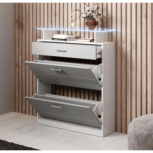 Sapateira de entrada Hall de entrada BrancoCinzento 89x24x105 2 portas 1 gaveta LED Paola Muebles Bonitos