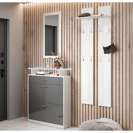 Sapateira de entrada Hall de entrada BrancoCinzento 89x24x105 2 portas 1 gaveta LED Paola Muebles Bonitos