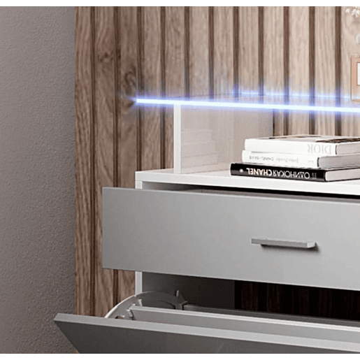 Sapateira de entrada Hall de entrada BrancoCinzento 89x24x105 2 portas 1 gaveta LED Paola Muebles Bonitos