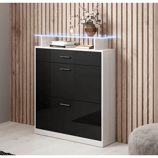 Sapateira de entrada Hall de entrada BrancoPreto 89x24x105 2 portas 1 gaveta LED Paola Muebles Bonitos