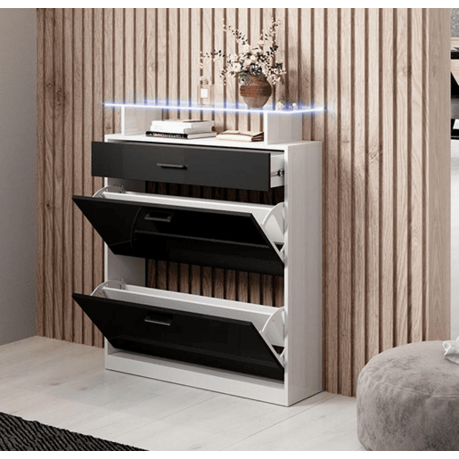 Sapateira de entrada Hall de entrada BrancoPreto 89x24x105 2 portas 1 gaveta LED Paola Muebles Bonitos