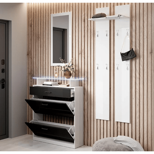 Sapateira de entrada Hall de entrada BrancoPreto 89x24x105 2 portas 1 gaveta LED Paola Muebles Bonitos
