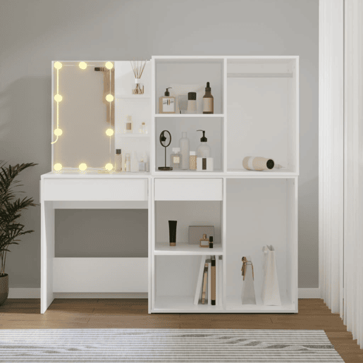 Penteadeira - Toucador com 2 armários e luzes LED derivados de madeira branco