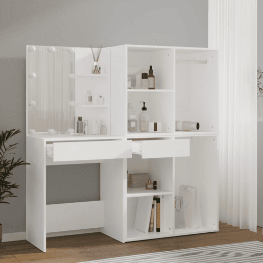 Penteadeira - Toucador com 2 armários e luzes LED derivados de madeira branco