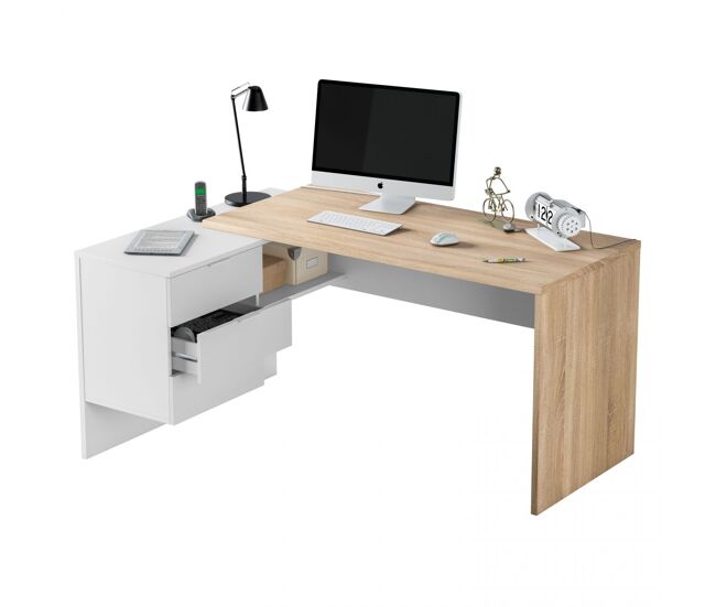 Mesa de escritorio con 2 cajones en blanco artik y roble canadian 145x102 cm office buc blanco artik (blanco mate) - roble canadian 145 x 73 x 102 cm