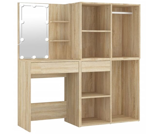 Tocador - tocador de maquillaje - mesa de tocador con led y 2 armarios madera contrachapada roble sonoma