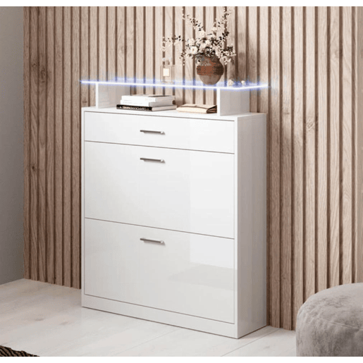 Sapateira de entrada Hall de entrada Branco 89x24x105 2 portas 1 gaveta LED Paola Muebles Bonitos