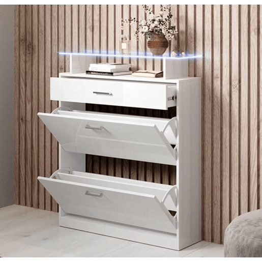 Sapateira de entrada Hall de entrada Branco 89x24x105 2 portas 1 gaveta LED Paola Muebles Bonitos