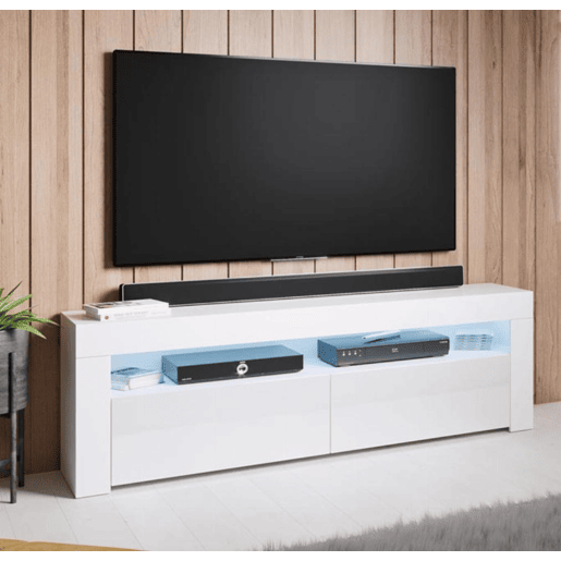 Móvel TV Sala de estar e jantar Branco 140x35x50,5 2 portas LED Aker Muebles Bonitos