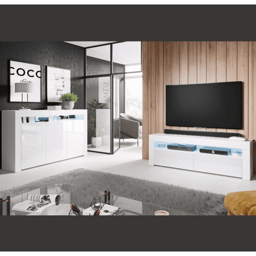 Móvel TV Sala de estar e jantar Branco 140x35x50,5 2 portas LED Aker Muebles Bonitos