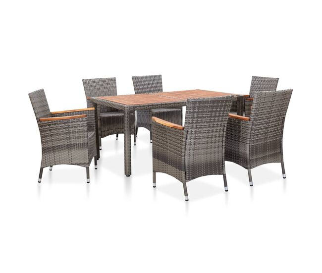 Set de comedor para jardín 7 pzas cojines ratán sintético gris