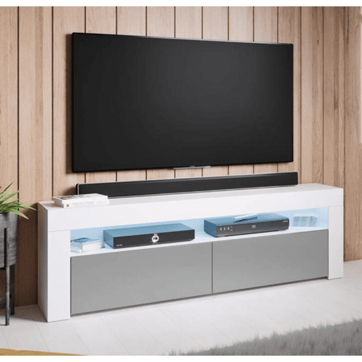 Móvel TV Sala de estar e jantar BrancoCinzento 140x35x50,5 2 portas LED Aker Muebles Bonitos
