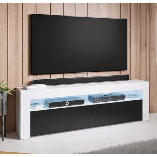 Móvel TV Sala de estar e jantar BrancoPreto 140x35x50,5 2 portas LED Aker Muebles Bonitos