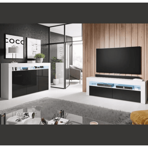 Móvel TV Sala de estar e jantar BrancoPreto 140x35x50,5 2 portas LED Aker Muebles Bonitos