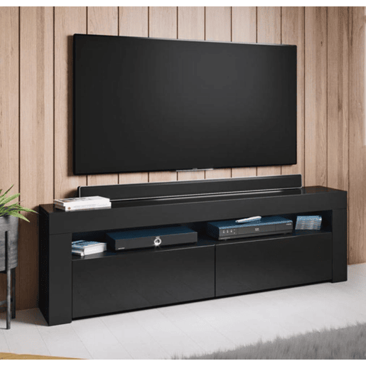 Móvel TV Sala de estar e jantar Preto 140x35x50,5 2 portas LED Aker Muebles Bonitos