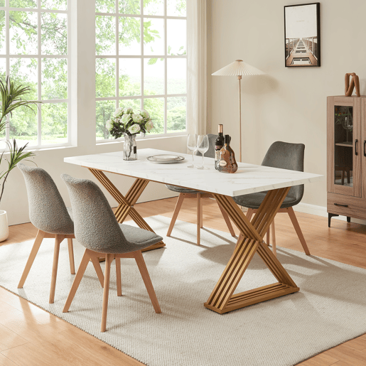 Mesa de jantar Hujaari para 6 pessoas, aspeto de mármore, branco  dourado en.casa