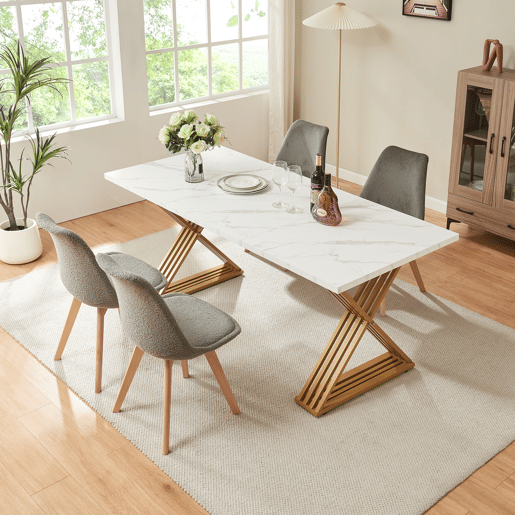 Mesa de jantar Hujaari para 6 pessoas, aspeto de mármore, branco  dourado en.casa