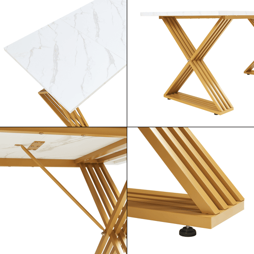 Mesa de jantar Hujaari para 6 pessoas, aspeto de mármore, branco  dourado en.casa