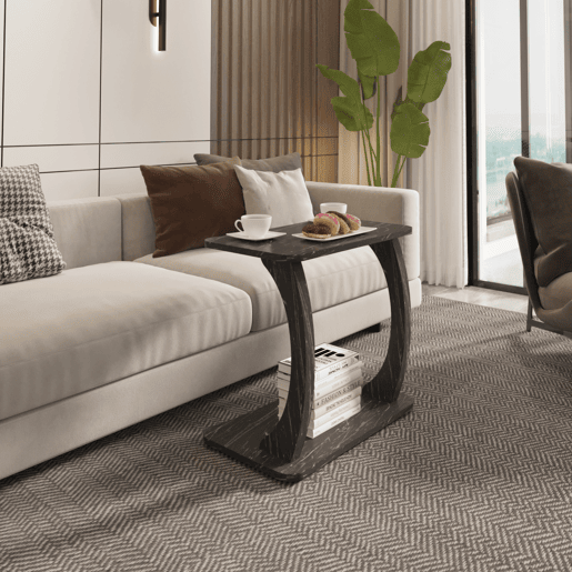 Mesa de apoio em forma de C Stattela 59x35x56 cm mármore, preto en.casa
