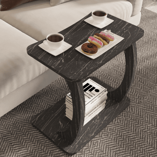 Mesa de apoio em forma de C Stattela 59x35x56 cm mármore, preto en.casa