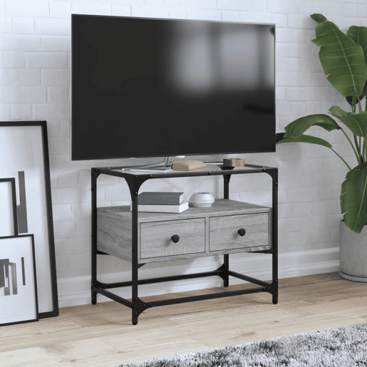 Móvel de TV - Modulo de TV - Armário de TV c tampo de vidro derivados madeira cinzento sonoma