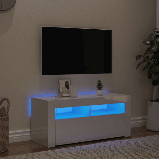 Móvel de TV - Modulo de TV - Armário de TV com luzes LED 90x35x40 cm branco brilhante