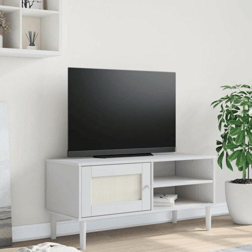 Móvel de TV - Modulo de TV - Armário de TV SENJA aspeto vime 106x40x49 cm pinho maciço branco