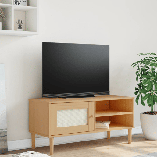 Móvel de TV - Modulo de TV - Armário de TV SENJA aspeto vime 106x40x49cm pinho maciço castanho