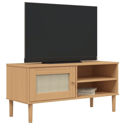 Móvel de TV - Modulo de TV - Armário de TV SENJA aspeto vime 106x40x49cm pinho maciço castanho