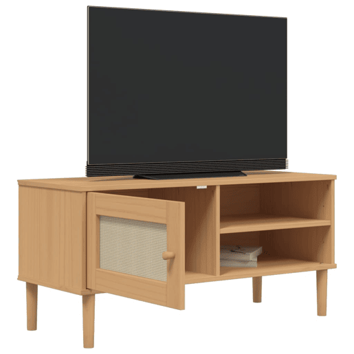 Móvel de TV - Modulo de TV - Armário de TV SENJA aspeto vime 106x40x49cm pinho maciço castanho