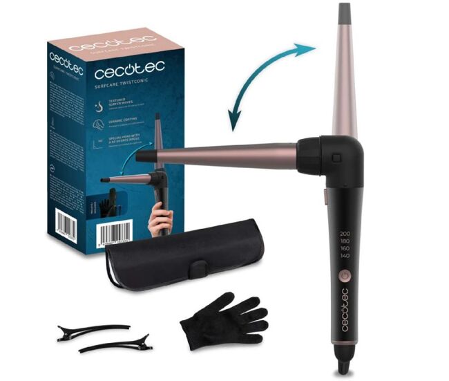 Cecotec rizador de pelo cónico surfcare twistconic. rizador de pelo cónico con codo de 90 grados para mayor comodidad