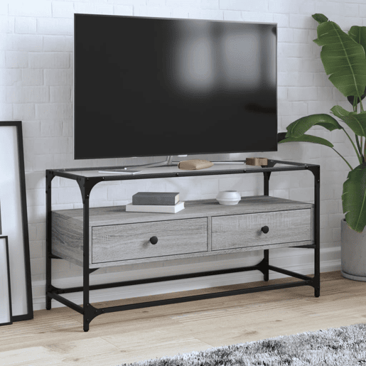 Móvel de TV - Modulo de TV - Armário de TV c tampo de vidro derivados madeira cinzento sonoma Móvel de TV - Modulo de TV - Armário de TV c tampo de vidro derivados madeira cinzento sonoma