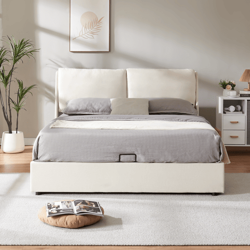 Cama estofada Lunner com estrado 140x200 cm Bege en.casa