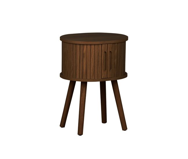Mesita ovalada escandinava con efecto madera ranurada, 2 puertas correderas, Legacy, Nogal, 40x34x54.8 cm