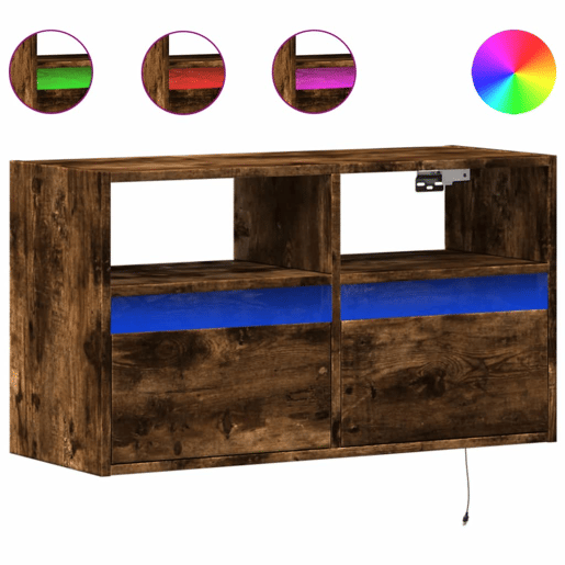 Móvel de parede p TV - Armário de TV c luzes LED 80x31x45 cm carvalho fumado